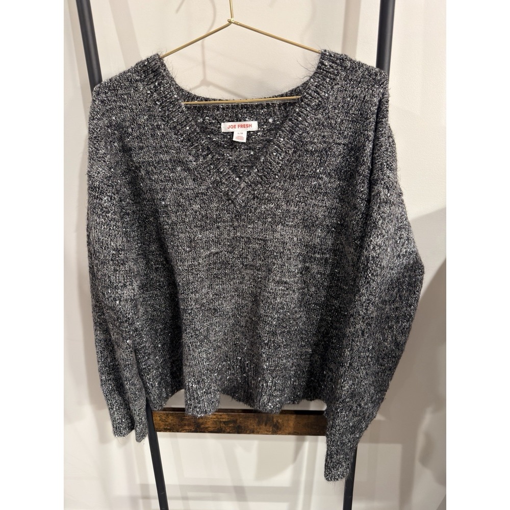 Joe Fresh Marled Black White V-Neck Knit Pullover Stretch Sweater Size Large